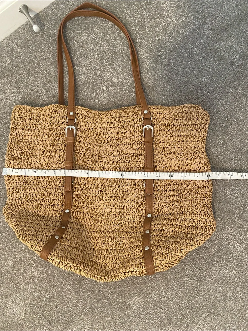 Woven Straw Tote Bag with Brown Faux-Leather Straps
